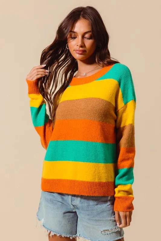 SO ME Multi Color Stripe Sweater with Ribbed Detail - Bitsy Gypsy Boutique