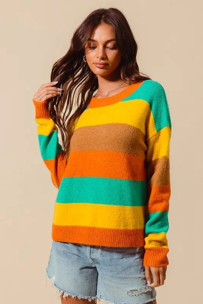 SO ME Multi Color Stripe Sweater with Ribbed Detail - Bitsy Gypsy Boutique