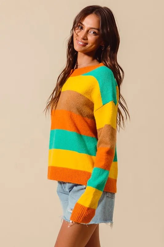 SO ME Multi Color Stripe Sweater with Ribbed Detail - Bitsy Gypsy Boutique