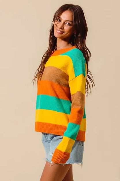 SO ME Multi Color Stripe Sweater with Ribbed Detail - Bitsy Gypsy Boutique