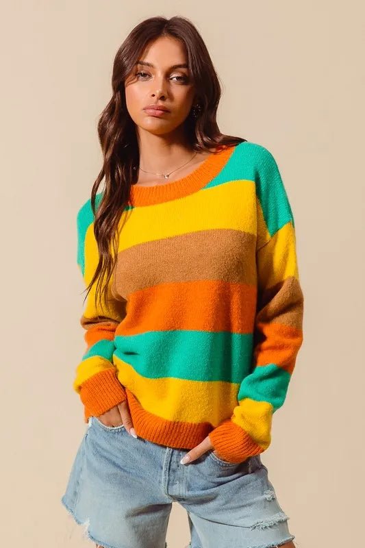 SO ME Multi Color Stripe Sweater with Ribbed Detail - Bitsy Gypsy Boutique