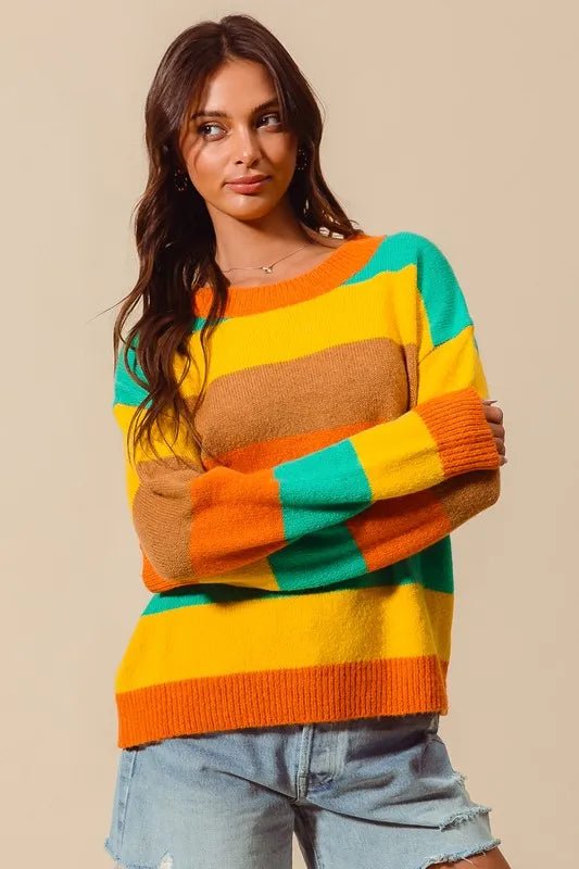 SO ME Multi Color Stripe Sweater with Ribbed Detail - Bitsy Gypsy Boutique