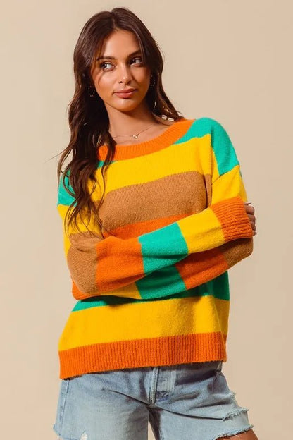 SO ME Multi Color Stripe Sweater with Ribbed Detail - Bitsy Gypsy Boutique