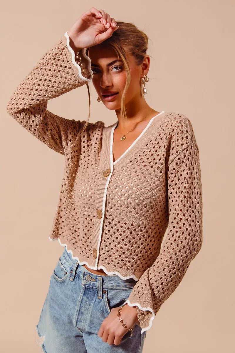 SO ME Open Knit Light Weight Sweater Cardigan With Contrast Wavy Scallop Edge - Bitsy Gypsy Boutique