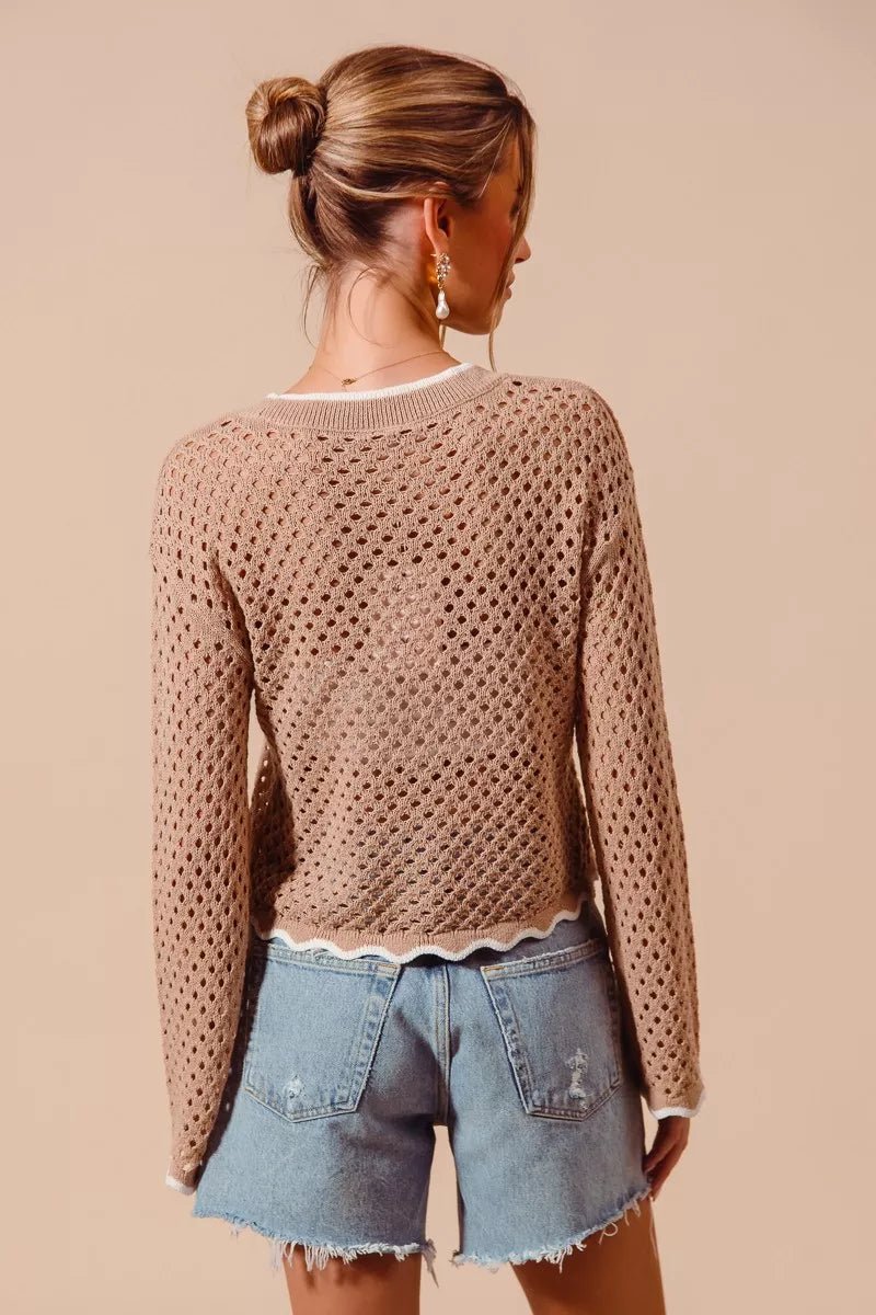 SO ME Open Knit Light Weight Sweater Cardigan With Contrast Wavy Scallop Edge - Bitsy Gypsy Boutique