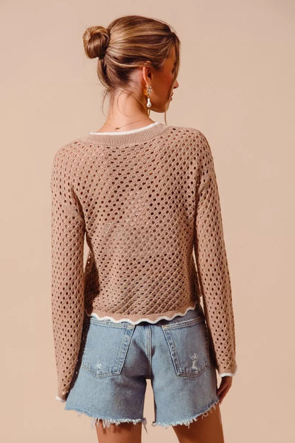 SO ME Open Knit Light Weight Sweater Cardigan With Contrast Wavy Scallop Edge - Bitsy Gypsy Boutique