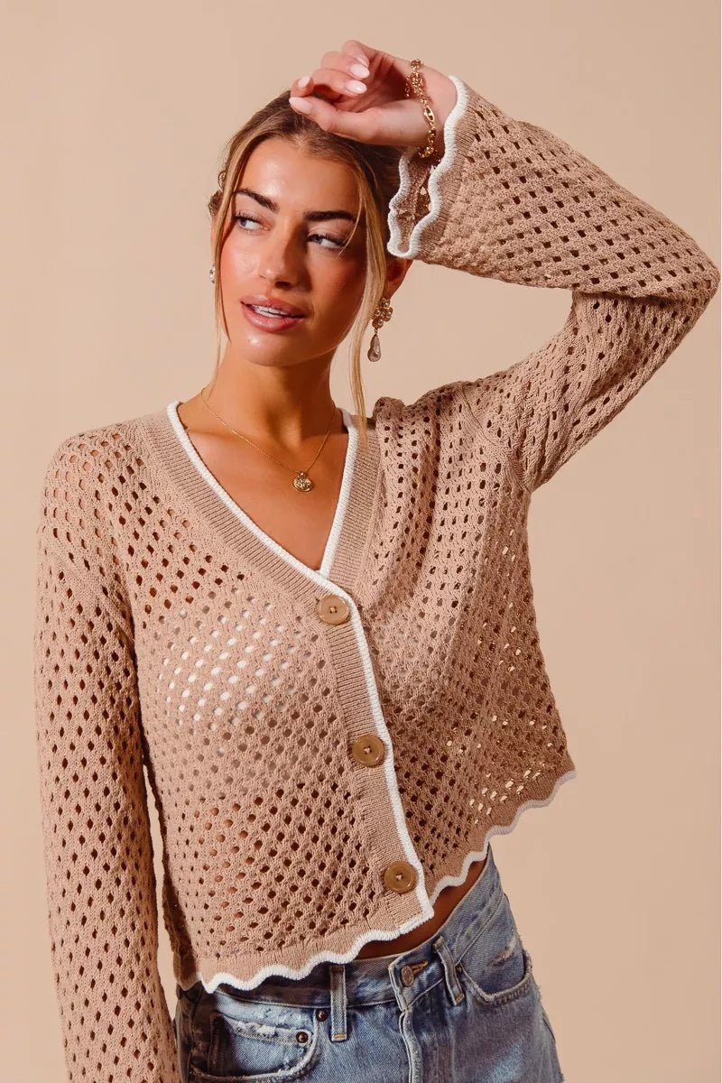 SO ME Open Knit Light Weight Sweater Cardigan With Contrast Wavy Scallop Edge - Bitsy Gypsy Boutique