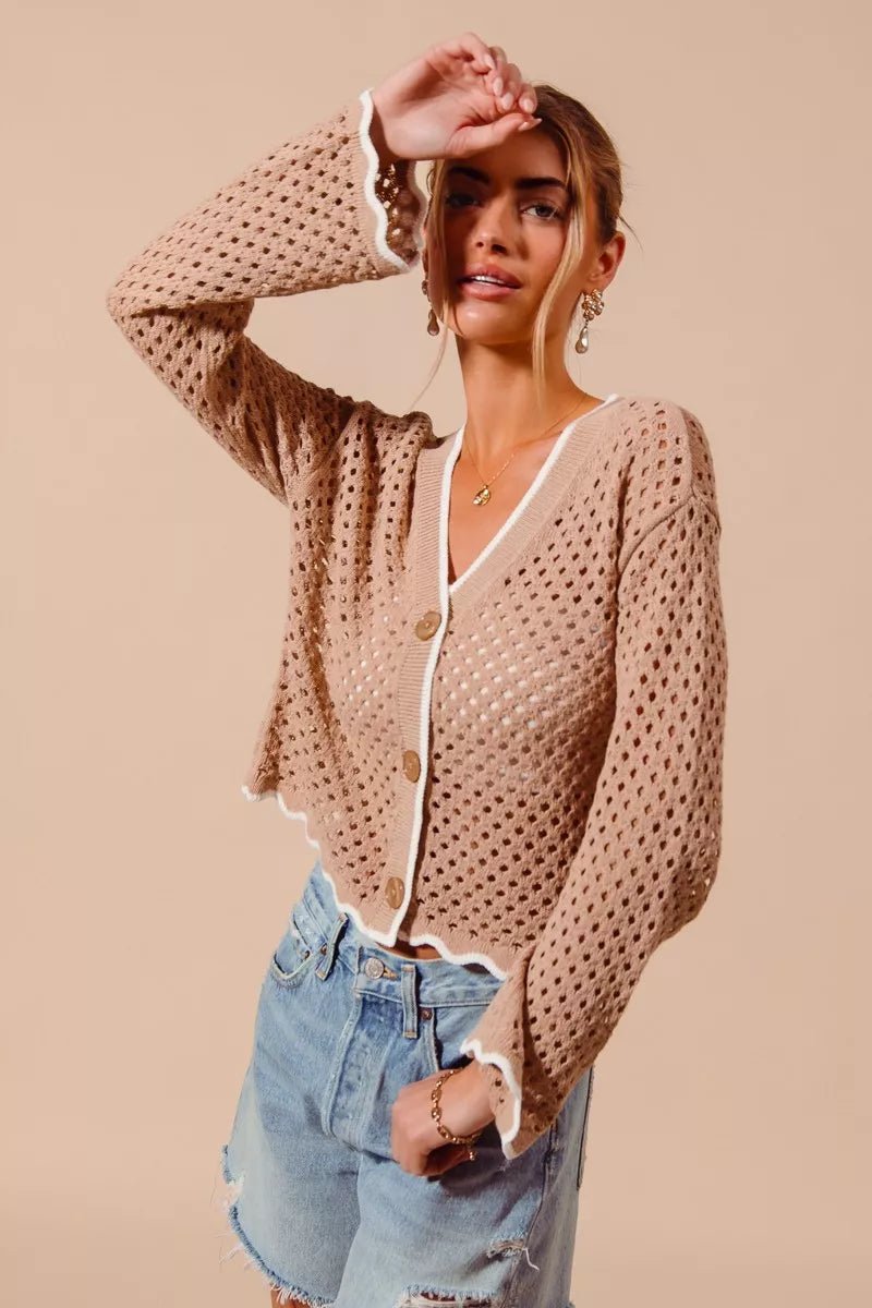 SO ME Open Knit Light Weight Sweater Cardigan With Contrast Wavy Scallop Edge - Bitsy Gypsy Boutique