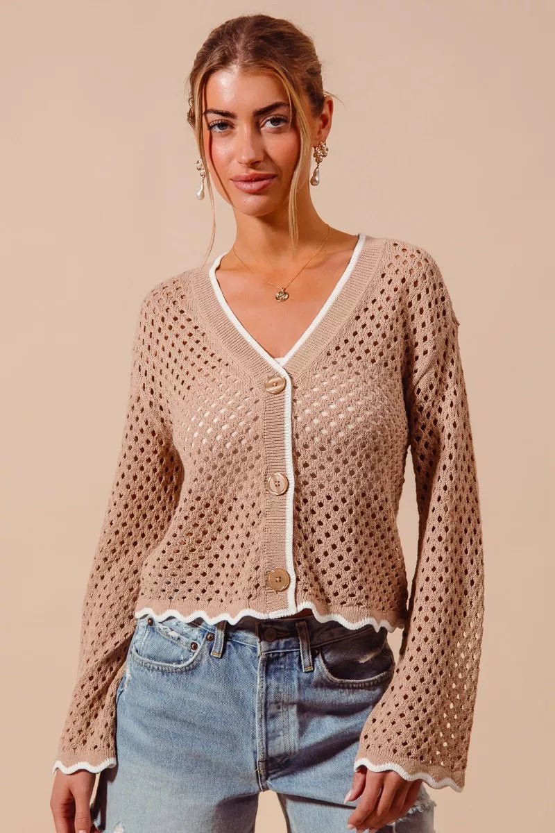 SO ME Open Knit Light Weight Sweater Cardigan With Contrast Wavy Scallop Edge - Bitsy Gypsy Boutique