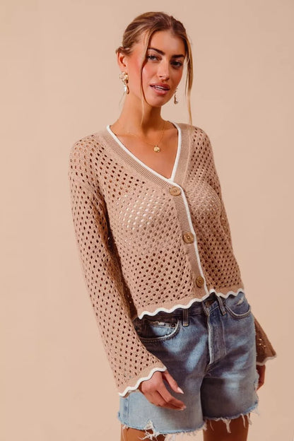 SO ME Open Knit Light Weight Sweater Cardigan With Contrast Wavy Scallop Edge - Bitsy Gypsy Boutique