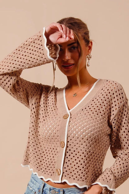 SO ME Open Knit Light Weight Sweater Cardigan With Contrast Wavy Scallop Edge - Bitsy Gypsy Boutique
