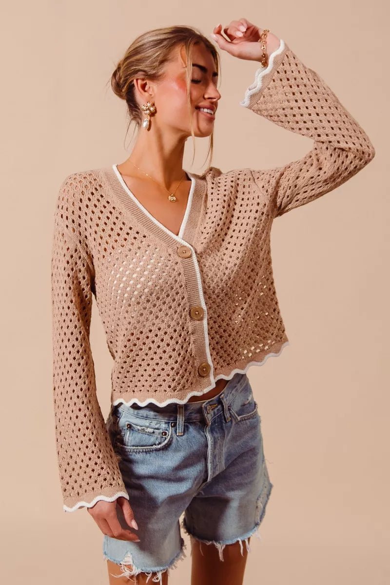 SO ME Open Knit Light Weight Sweater Cardigan With Contrast Wavy Scallop Edge - Bitsy Gypsy Boutique