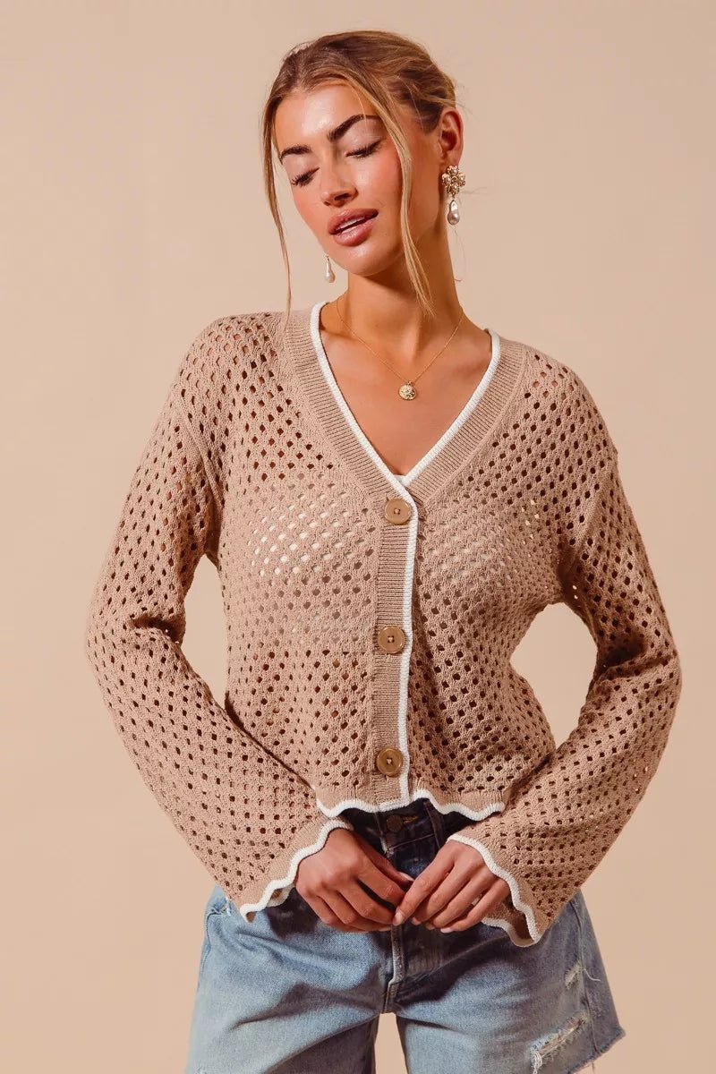 SO ME Open Knit Light Weight Sweater Cardigan With Contrast Wavy Scallop Edge - Bitsy Gypsy Boutique