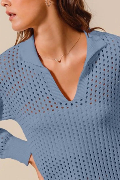 SO ME Open Knit Polo Sweater Top - Bitsy Gypsy Boutique