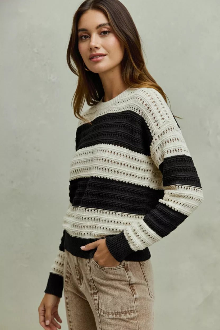 SO ME Openwork Round Neck Wide Stripe Textured Sweater - Bitsy Gypsy Boutique