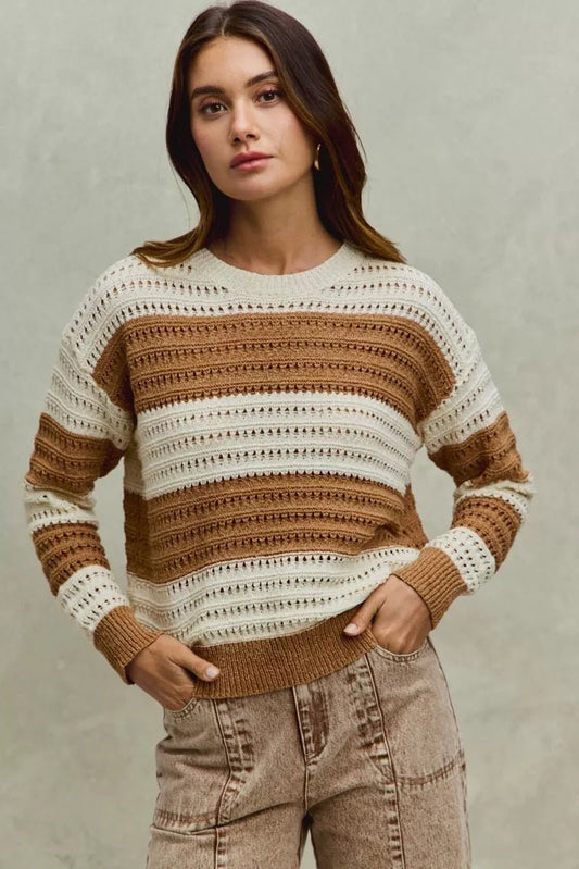 SO ME Openwork Round Neck Wide Stripe Textured Sweater - Bitsy Gypsy Boutique