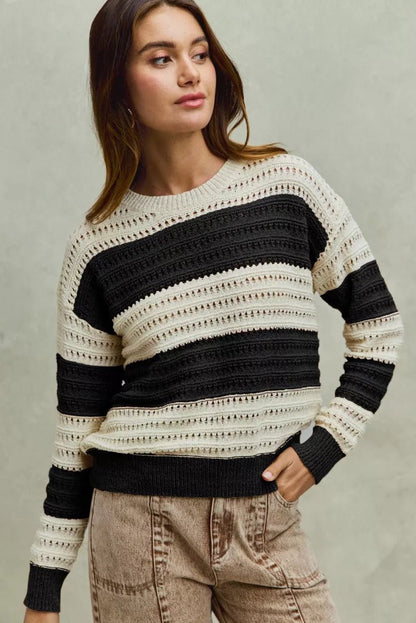 SO ME Openwork Round Neck Wide Stripe Textured Sweater - Bitsy Gypsy Boutique