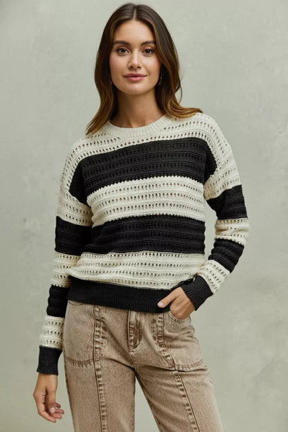 SO ME Openwork Round Neck Wide Stripe Textured Sweater - Bitsy Gypsy Boutique