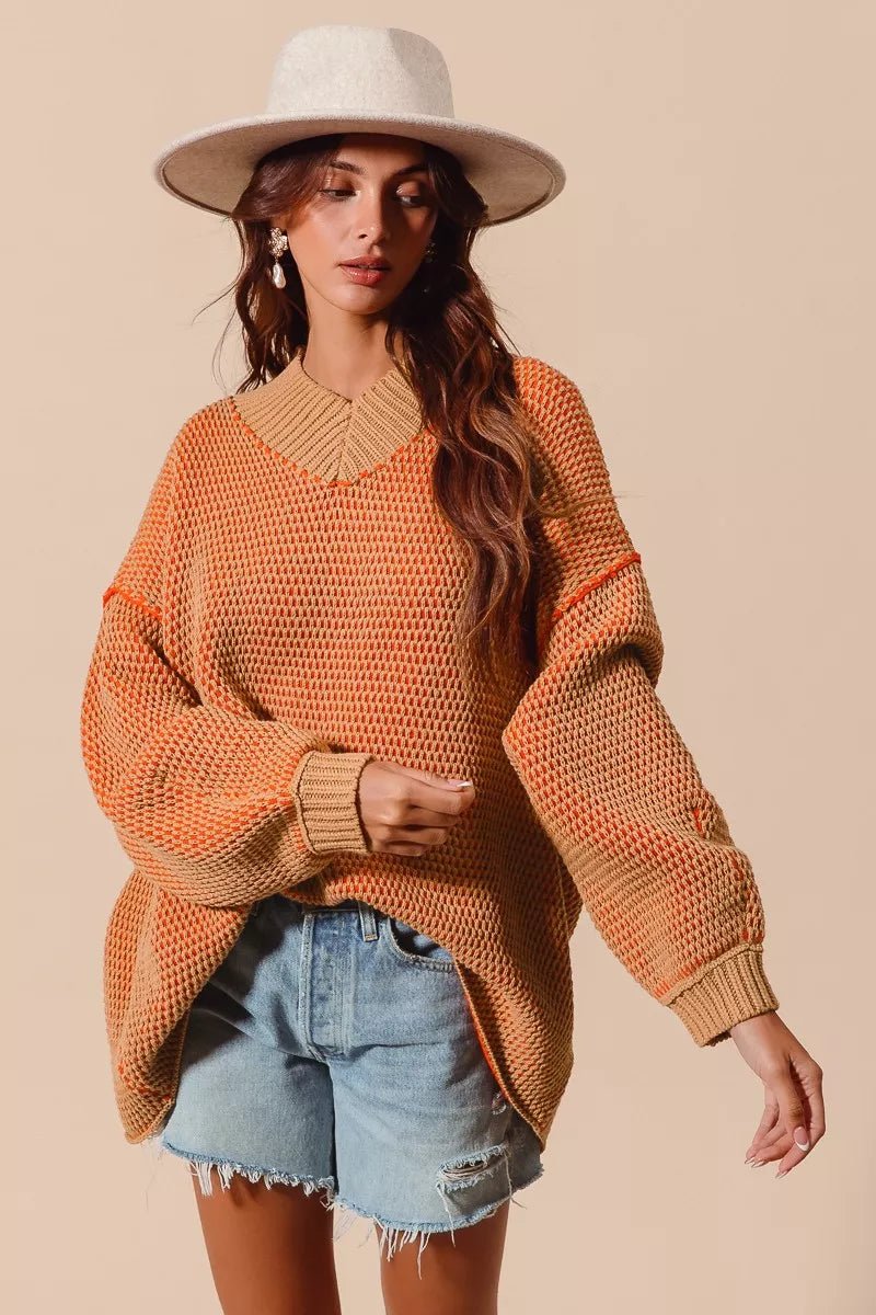 SO ME Oversized Two Tone Textured V Neck Sweater - Bitsy Gypsy Boutique