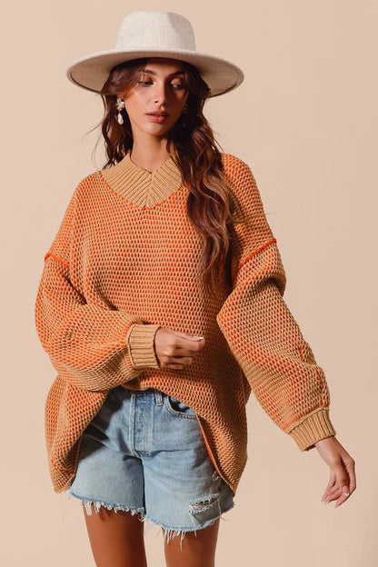 SO ME Oversized Two Tone Textured V Neck Sweater - Bitsy Gypsy Boutique
