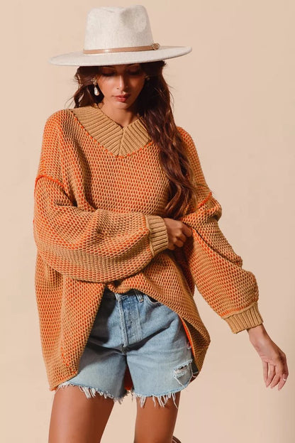 SO ME Oversized Two Tone Textured V Neck Sweater - Bitsy Gypsy Boutique