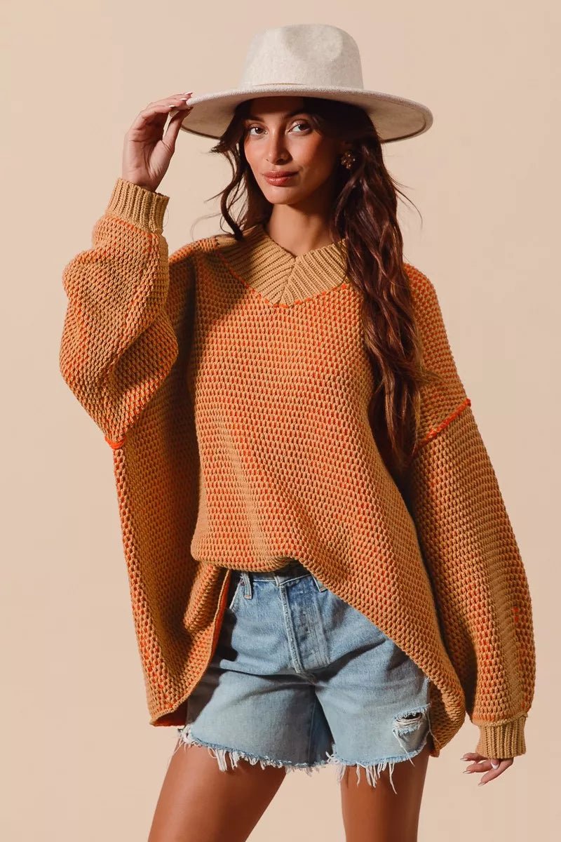 SO ME Oversized Two Tone Textured V Neck Sweater - Bitsy Gypsy Boutique