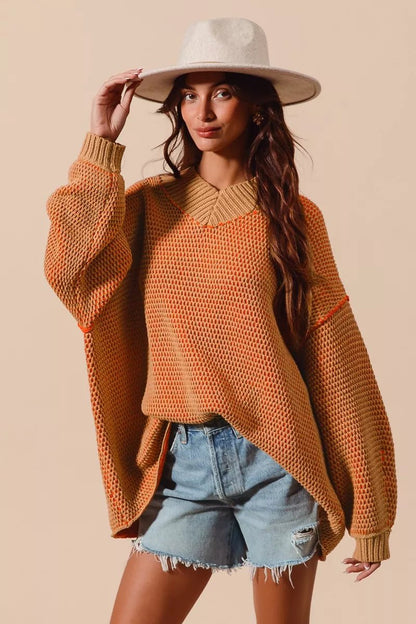 SO ME Oversized Two Tone Textured V Neck Sweater - Bitsy Gypsy Boutique
