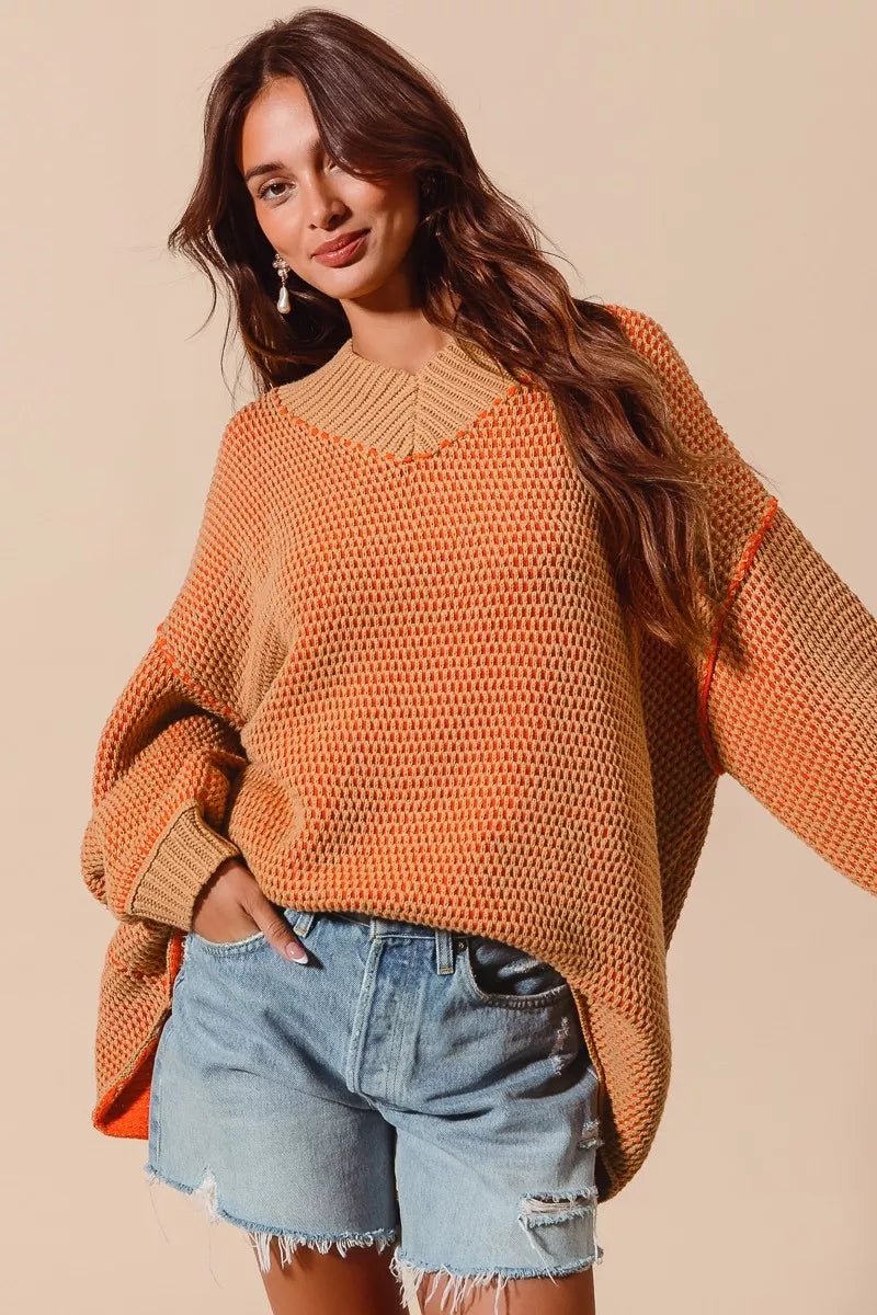 SO ME Oversized Two Tone Textured V Neck Sweater - Bitsy Gypsy Boutique