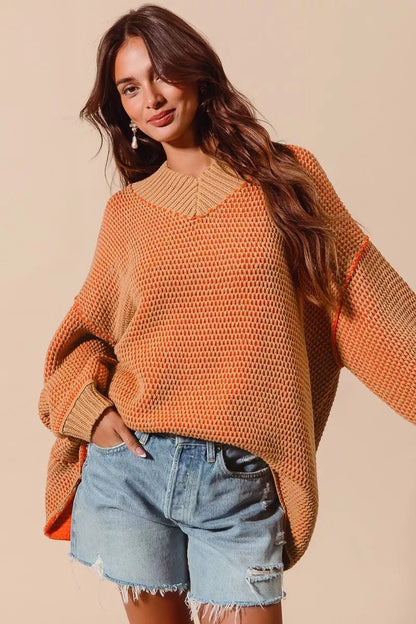 SO ME Oversized Two Tone Textured V Neck Sweater - Bitsy Gypsy Boutique