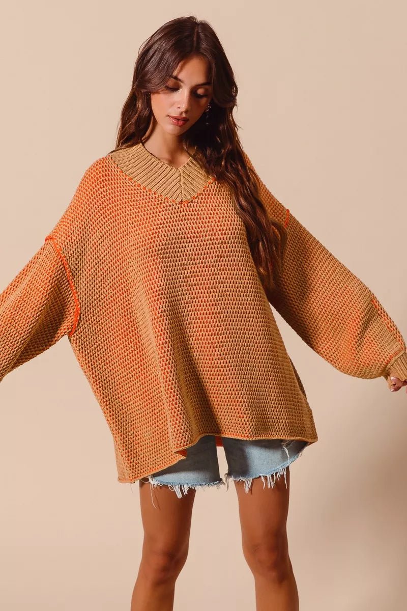 SO ME Oversized Two Tone Textured V Neck Sweater - Bitsy Gypsy Boutique