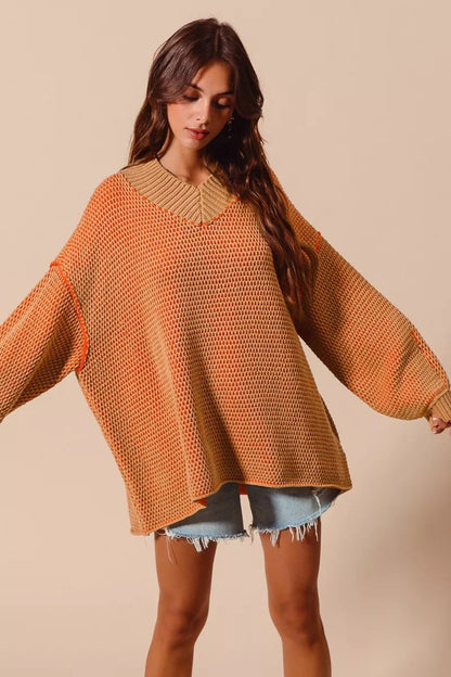 SO ME Oversized Two Tone Textured V Neck Sweater - Bitsy Gypsy Boutique