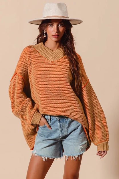 SO ME Oversized Two Tone Textured V Neck Sweater - Bitsy Gypsy Boutique