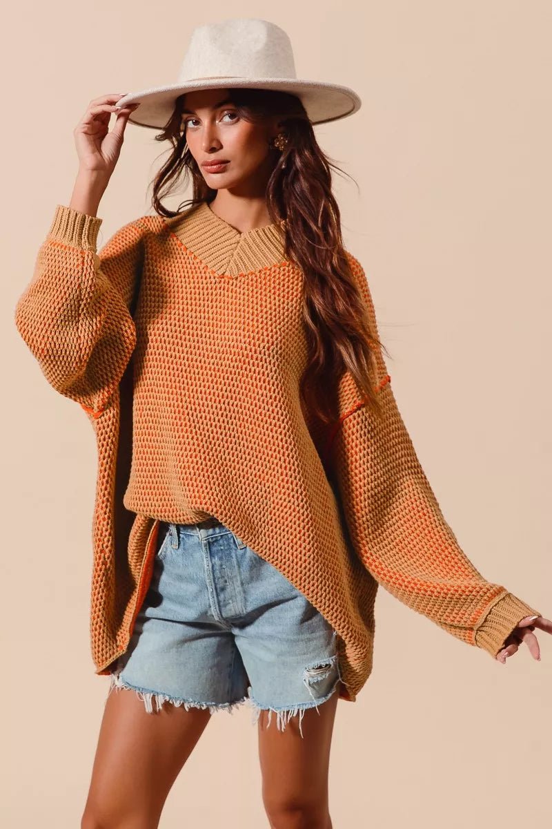 SO ME Oversized Two Tone Textured V Neck Sweater - Bitsy Gypsy Boutique