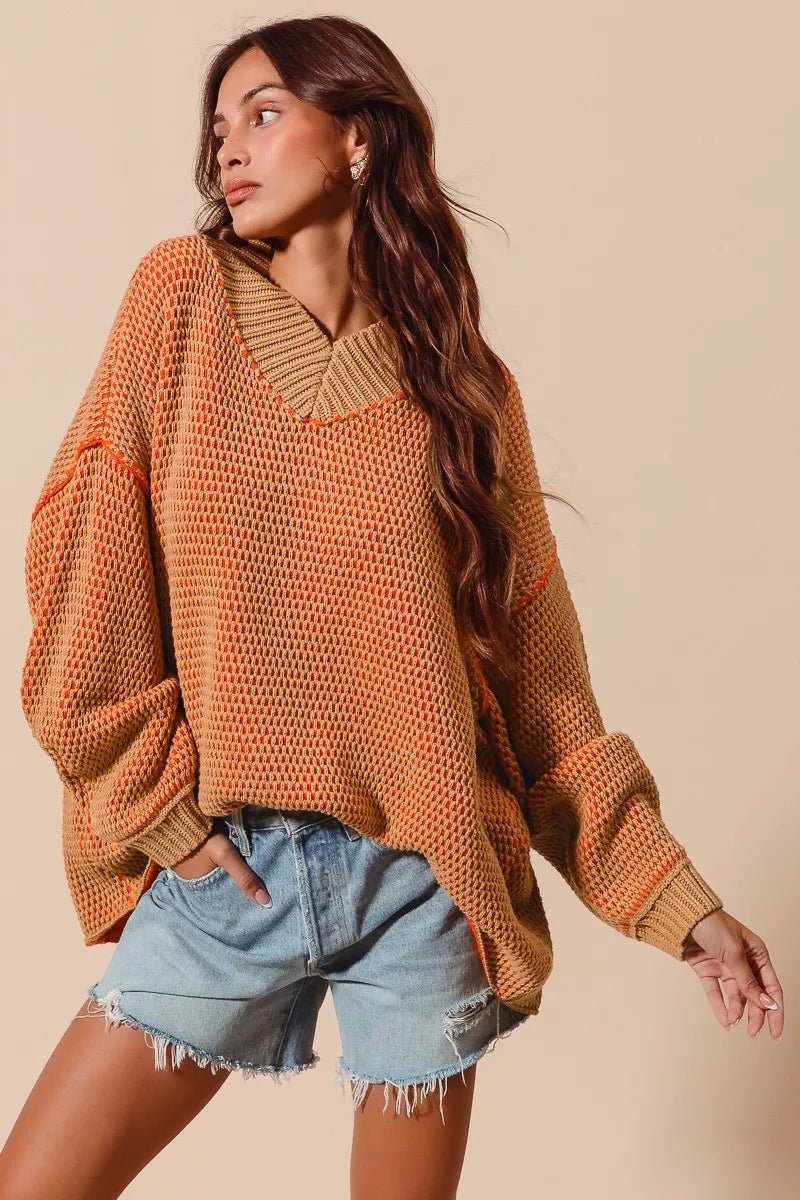 SO ME Oversized Two Tone Textured V Neck Sweater - Bitsy Gypsy Boutique