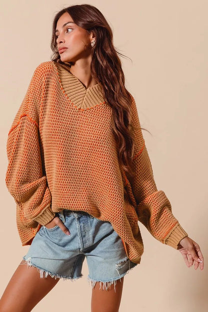 SO ME Oversized Two Tone Textured V Neck Sweater - Bitsy Gypsy Boutique