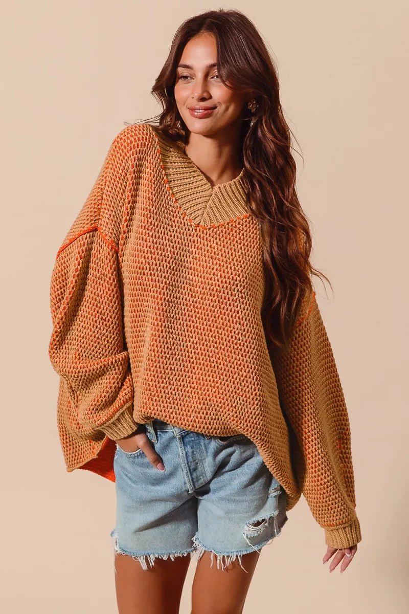 SO ME Oversized Two Tone Textured V Neck Sweater - Bitsy Gypsy Boutique