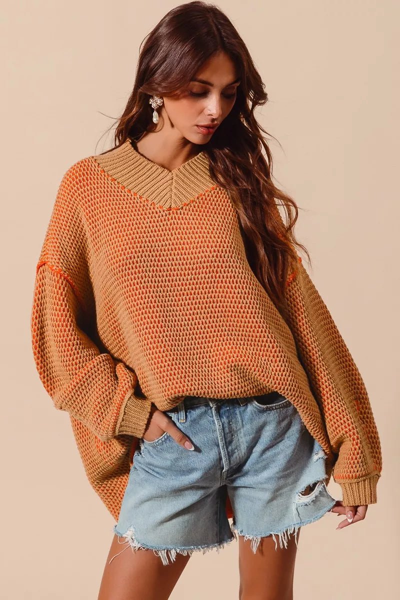 SO ME Oversized Two Tone Textured V Neck Sweater - Bitsy Gypsy Boutique