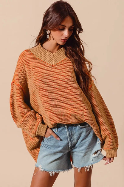 SO ME Oversized Two Tone Textured V Neck Sweater - Bitsy Gypsy Boutique