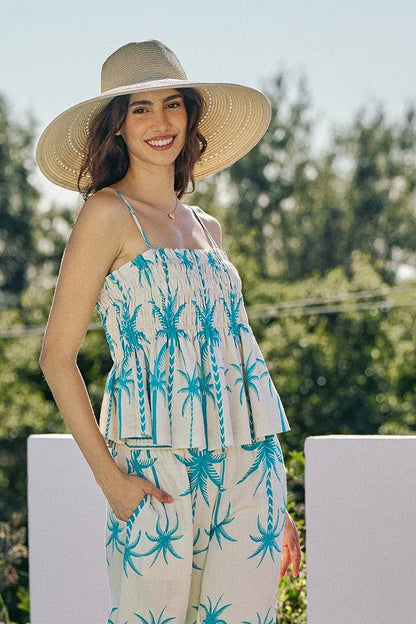 SO ME Palm Tree Smocked Bodice Adjustable Cami Top - Bitsy Gypsy Boutique