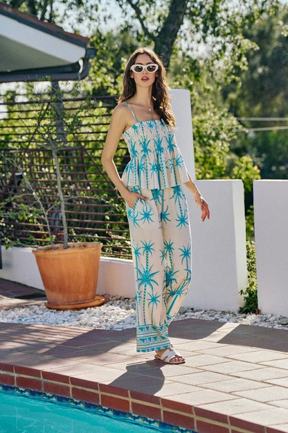 SO ME Palm Tree Smocked Bodice Adjustable Cami Top - Bitsy Gypsy Boutique