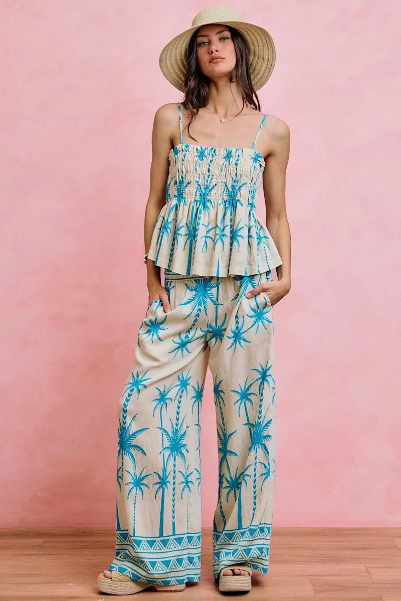 SO ME Palm Tree Smocked Bodice Adjustable Cami Top - Bitsy Gypsy Boutique