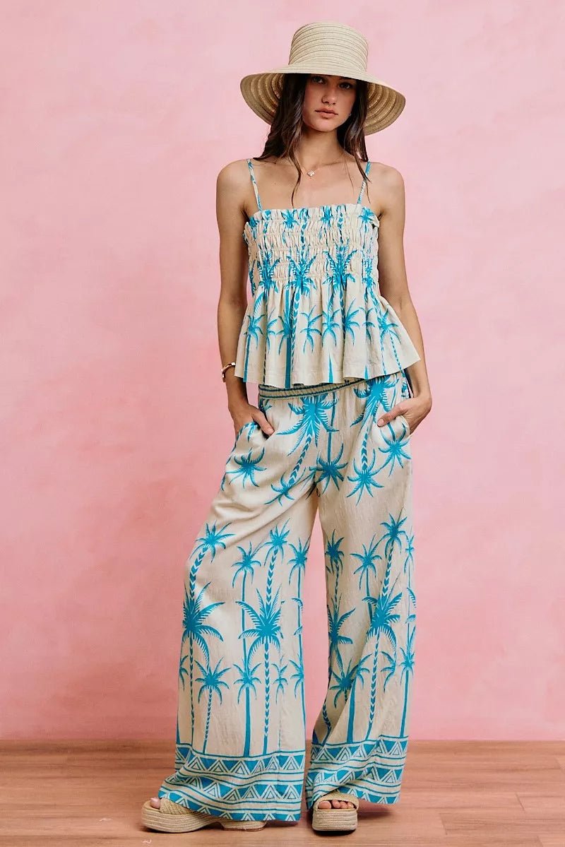 SO ME Palm Tree Smocked Bodice Adjustable Cami Top - Bitsy Gypsy Boutique