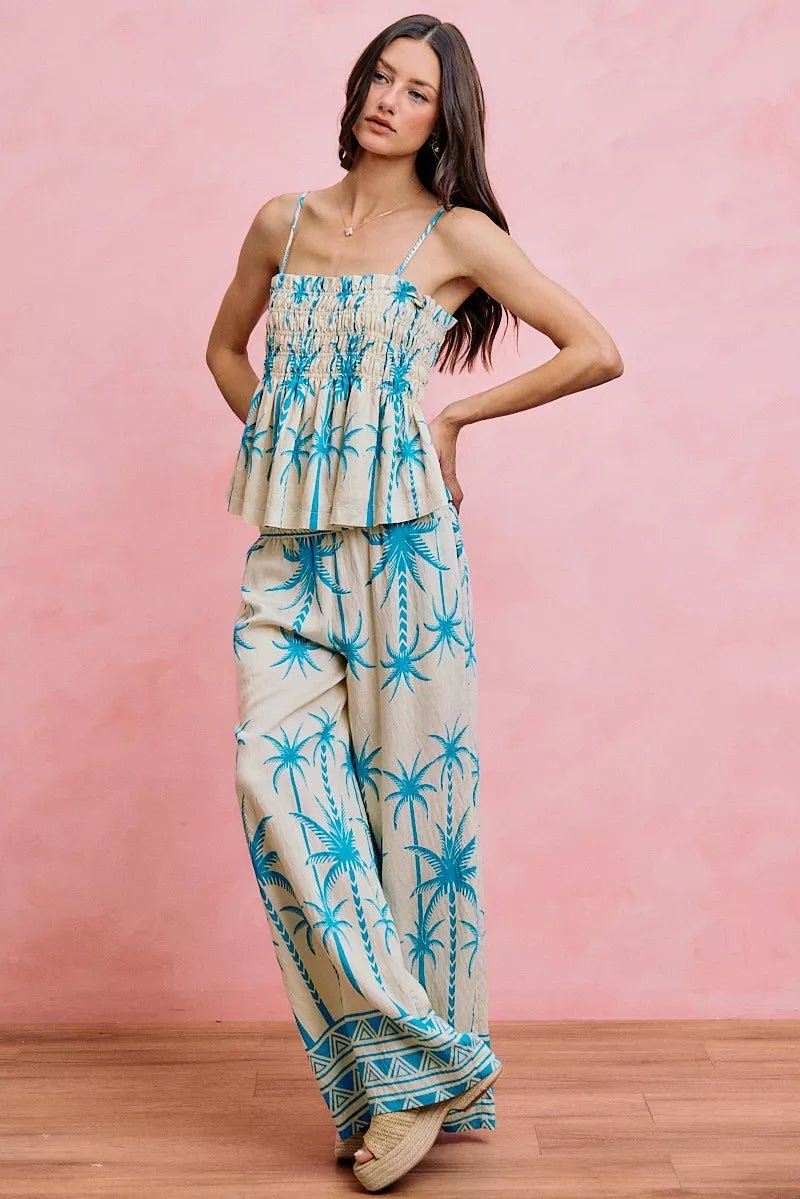 SO ME Palm Tree Smocked Bodice Adjustable Cami Top - Bitsy Gypsy Boutique
