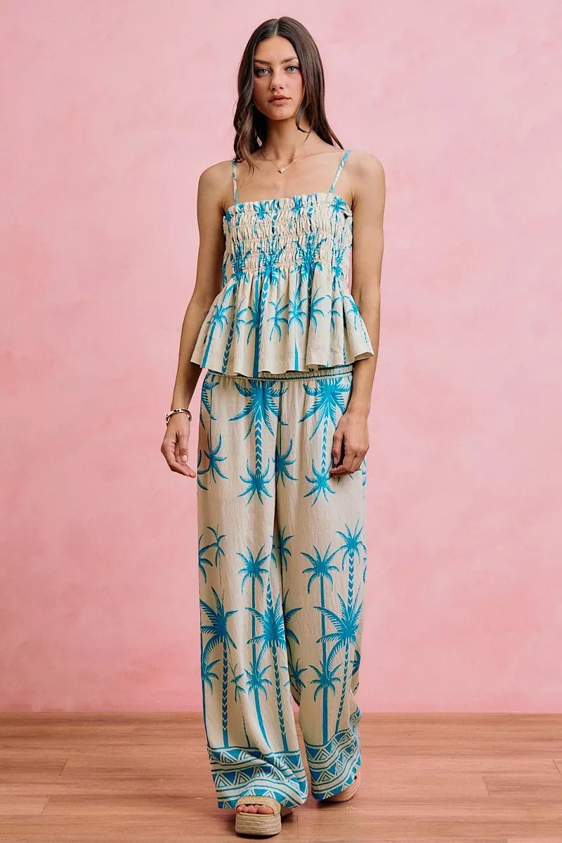 SO ME Palm Tree Smocked Bodice Adjustable Cami Top - Bitsy Gypsy Boutique