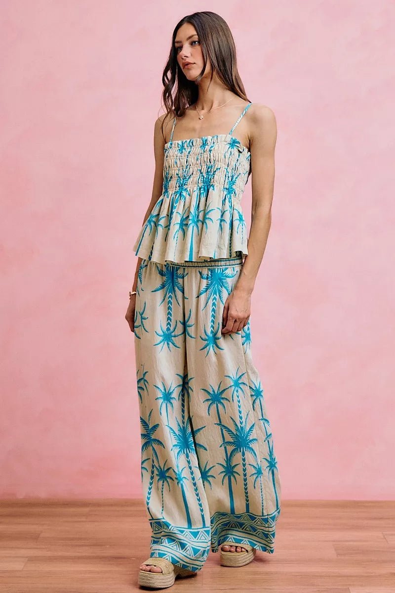 SO ME Palm Tree Smocked Bodice Adjustable Cami Top - Bitsy Gypsy Boutique
