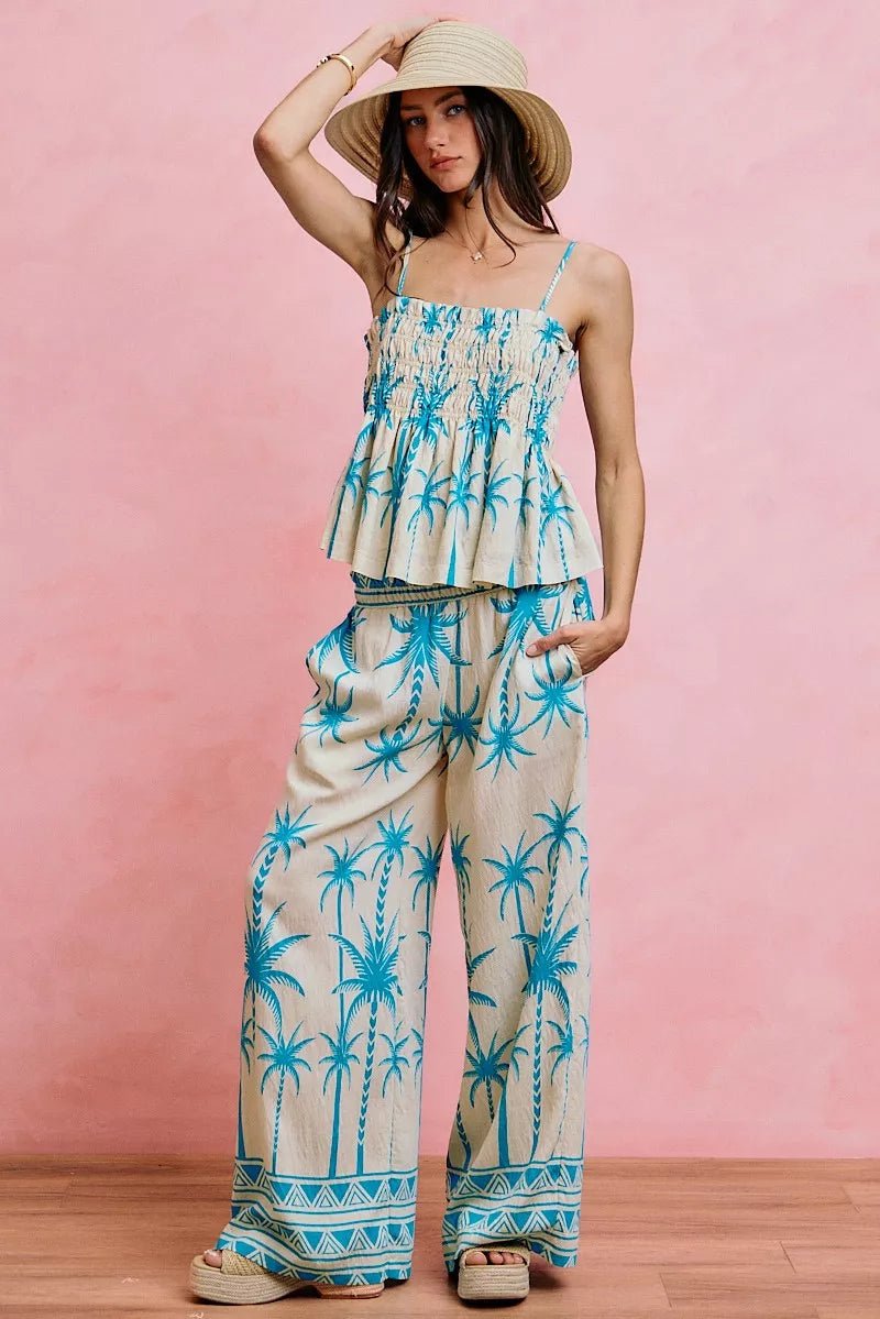 SO ME Palm Tree Smocked Bodice Adjustable Cami Top - Bitsy Gypsy Boutique