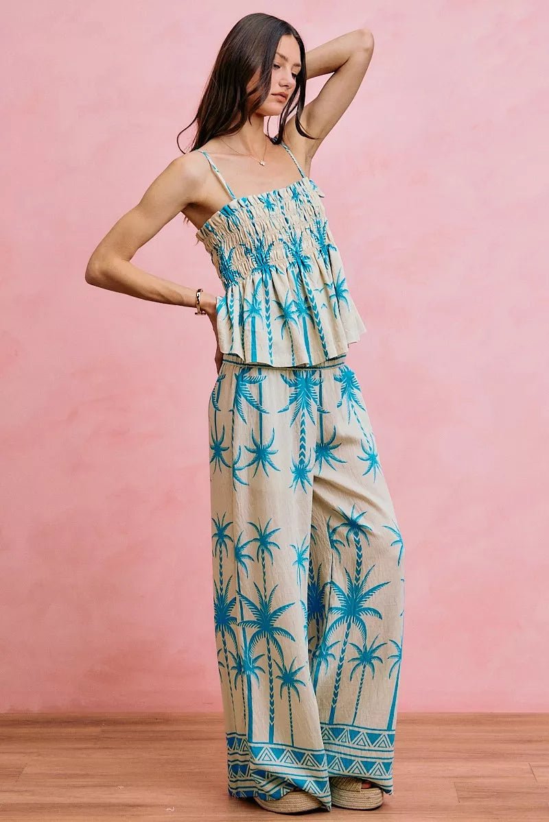 SO ME Palm Tree Smocked Bodice Adjustable Cami Top - Bitsy Gypsy Boutique