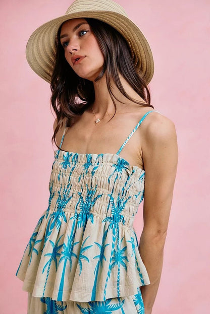 SO ME Palm Tree Smocked Bodice Adjustable Cami Top - Bitsy Gypsy Boutique