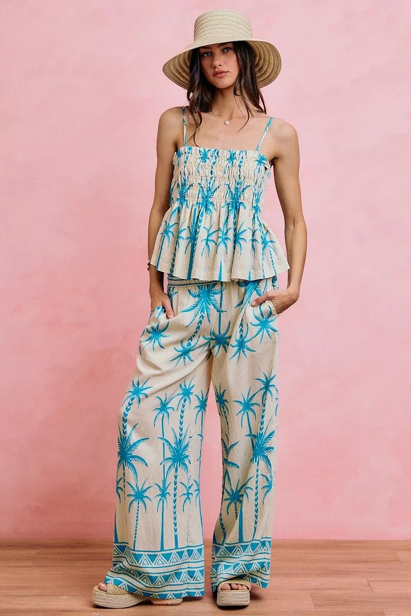 SO ME Palm Tree Smocked Bodice Adjustable Cami Top - Bitsy Gypsy Boutique