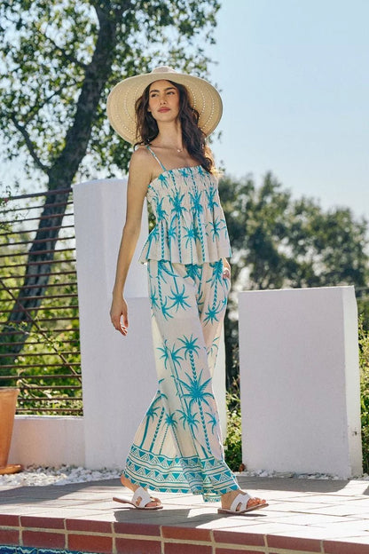 SO ME Palm Tree Smocked Bodice Adjustable Cami Top - Bitsy Gypsy Boutique